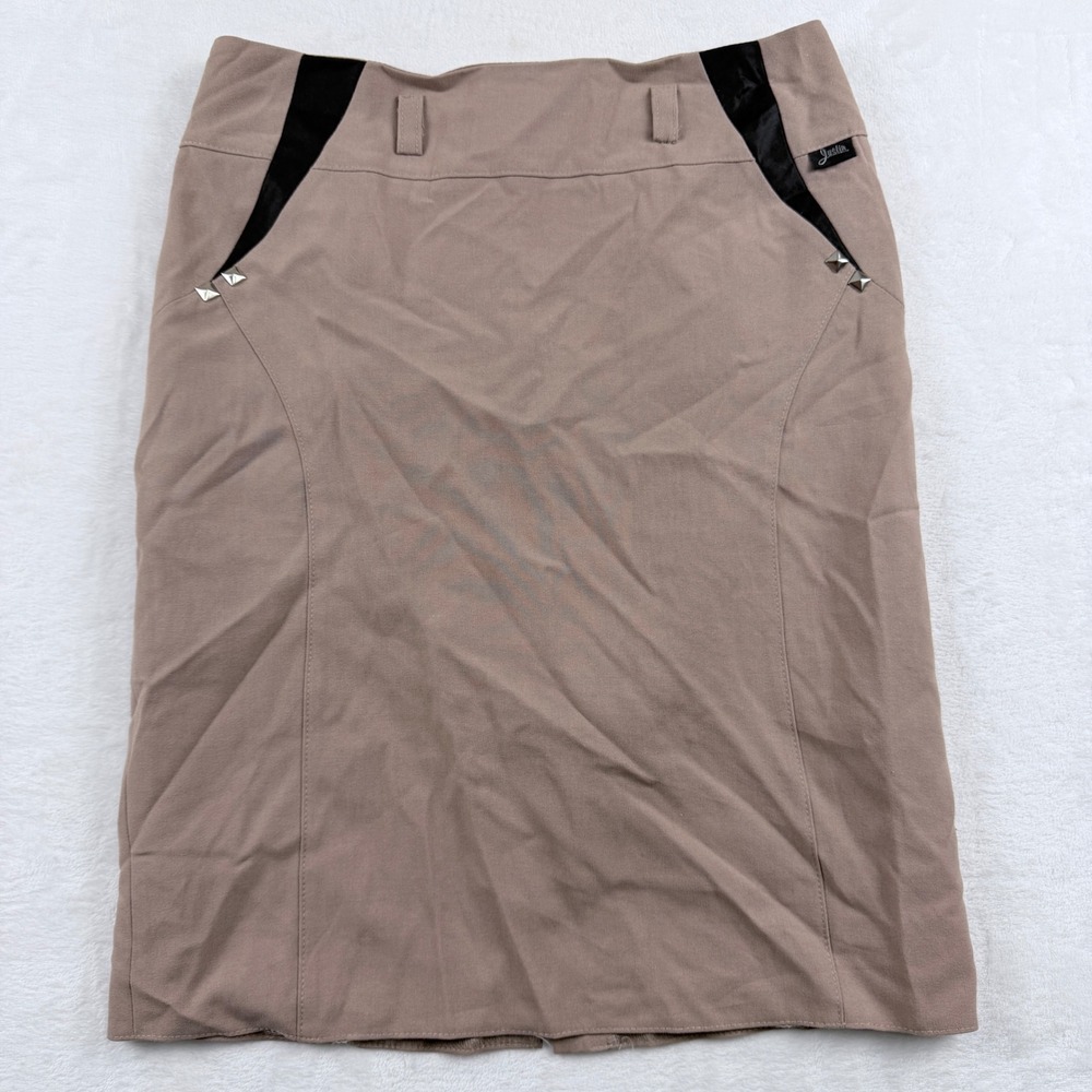 Justin Pencil Skirt Studded Contrast Panel Taupe Brown Size 38